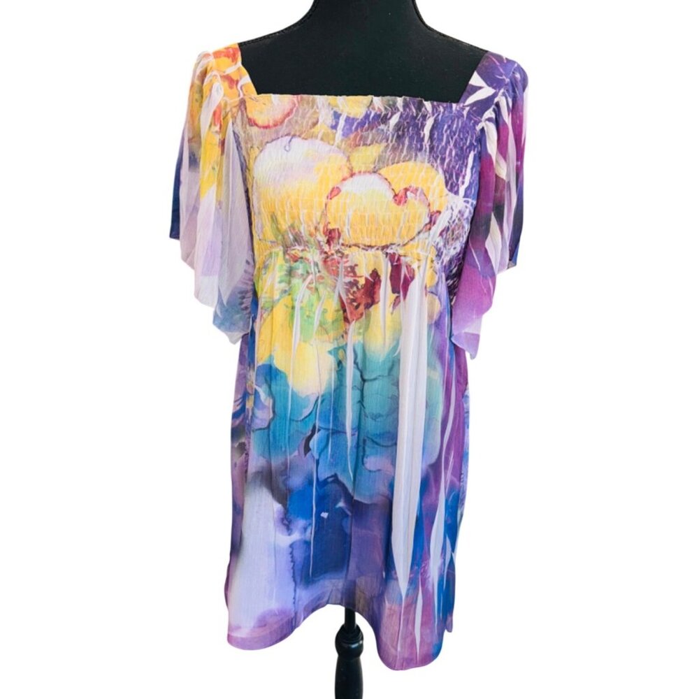 Unity World Wear Multicolor Pleated Floral Smock Dress L Flutter Sleeve L Boho